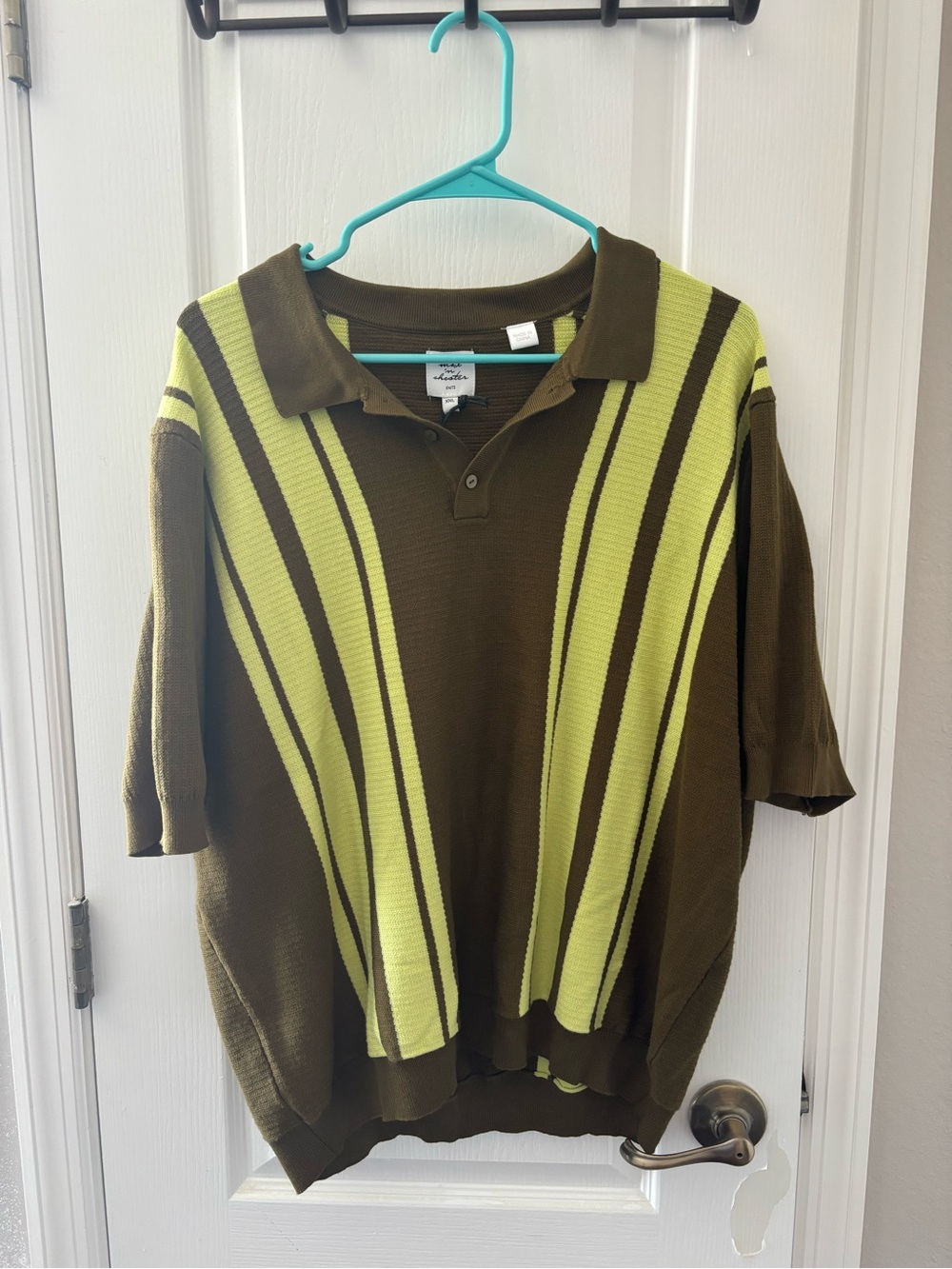 Mens Olive Polo Sweater with Lime Stripe